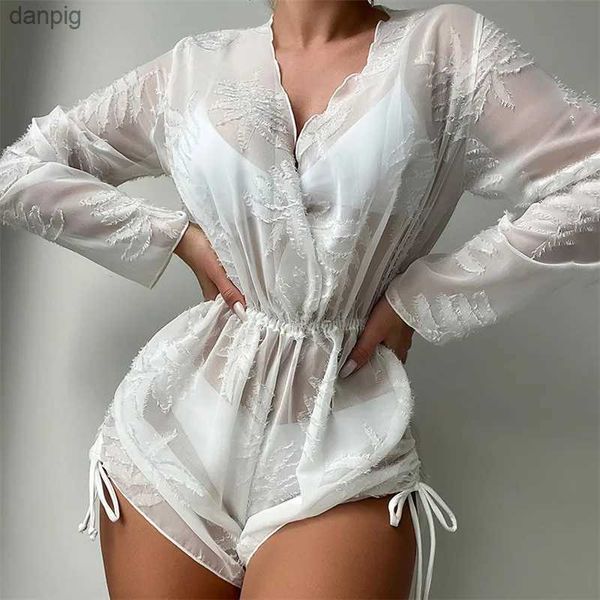 Vestidos sexy urbanos sexy branco bordado chiffon bikini cobrir mulheres longo slve v pescoço túnicas femininas 2024 s através de cordão beach wear y240402