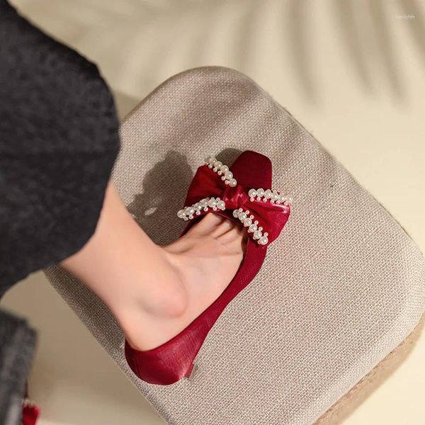 Классические туфли с милым жемчугом и бантом, китайские красные свадебные легкие роскошные туфли на высоком каблуке на одинарном каблуке