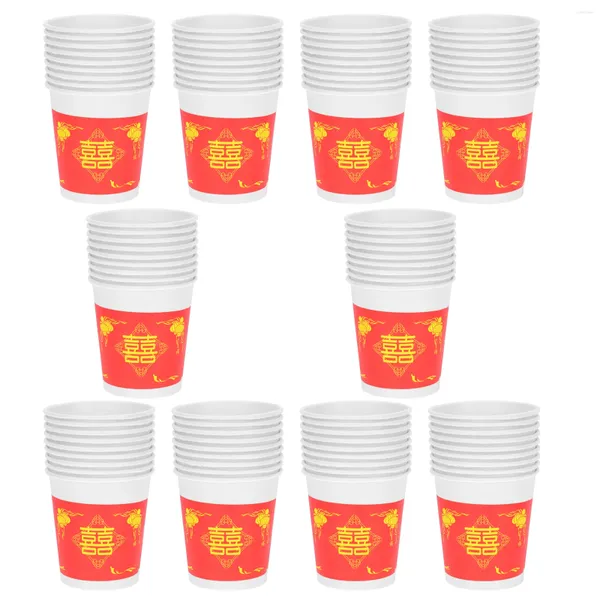 Tazze usa e getta Cannucce 50 pezzi Tazze da caffè per banchetti in vetro per acqua nuziale in stile cinese Carta rossa