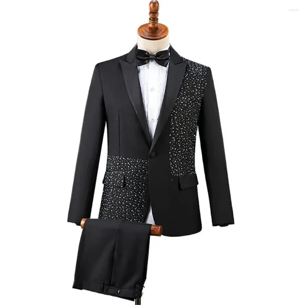 Мужские костюмы из бисера, черный мужской деловой пиджак, танцевальный костюм, костюм для выступлений, свадебный смокинг жениха, 2 предмета, куртка, брюки, Homme