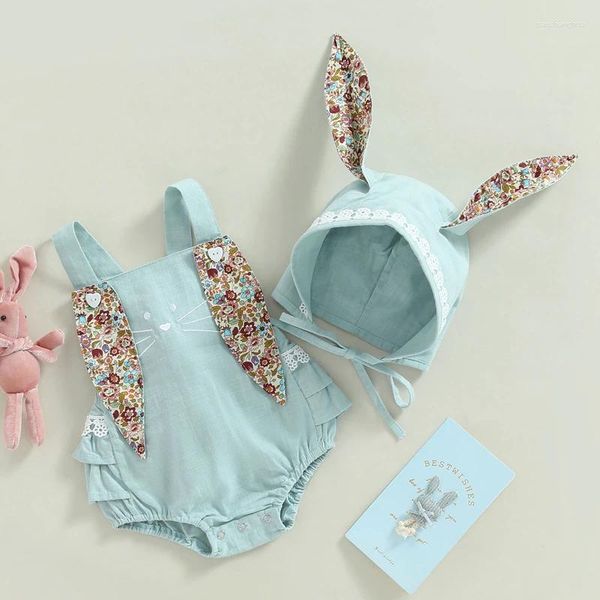 Conjuntos de roupas 0-18m infantil bebê meninas verão macacão casual sem mangas floral impressão orelha chapéu dos desenhos animados 2pcs conjunto roupa de páscoa