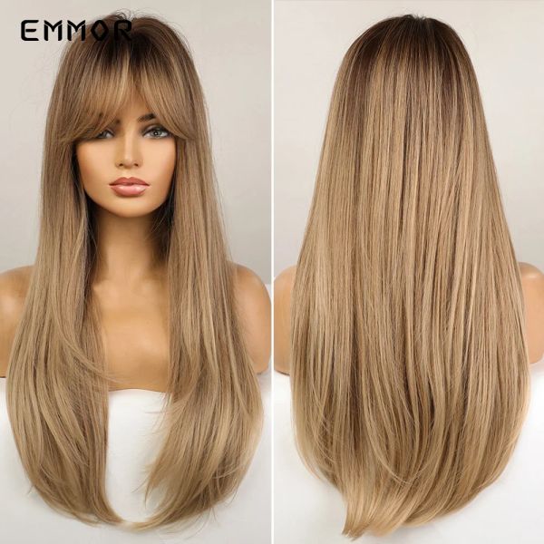 Парики эммор синтетические парики волос с челками Длинные прямые парики для женщин с термостойкими устойчивыми к черным коричневым золотым блондинкам парики