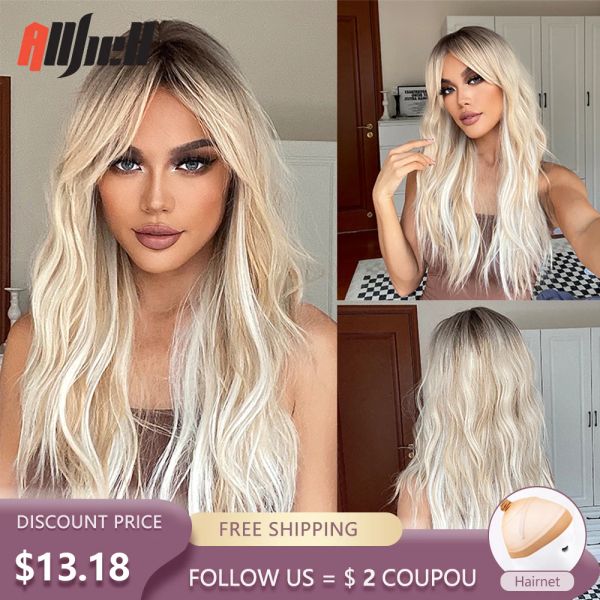 Perücken lange wellige synthetische Perücken Platinblonde Ombre Perücken mit Pony for Women Cosplay natürliche Haarperücken Hitzebeständige Faser