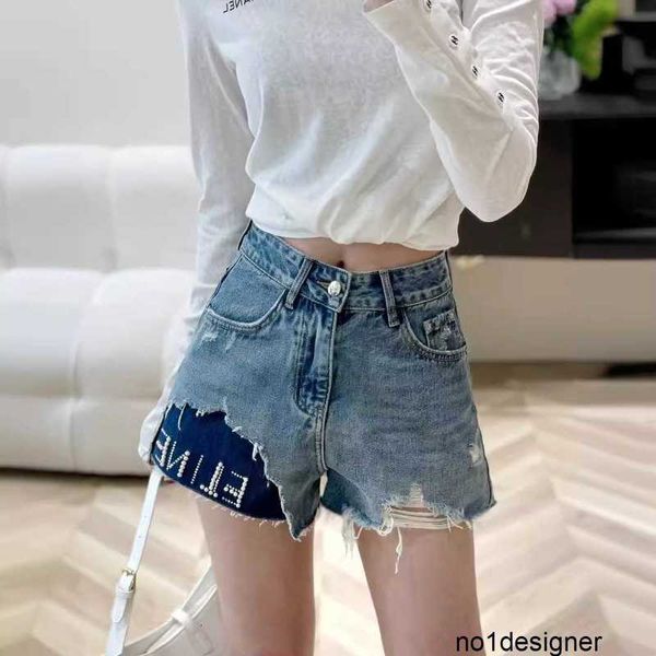 Designer Shenzhen Nanyou High Edition Sommer New CE Home High Waist Nail Bead Durchbruch Denim Shorts Damen Pelzkante Kontrastfarbe Hotpants GYUP