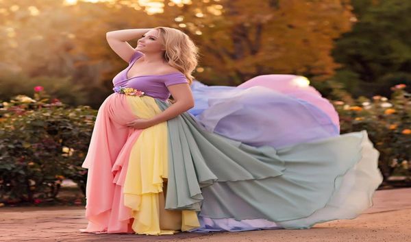 Vestidos de maternidade de chiffon colorido para po shoot com mangas curtas vestido de grávida fora do ombro feito sob encomenda maxi dress6695080
