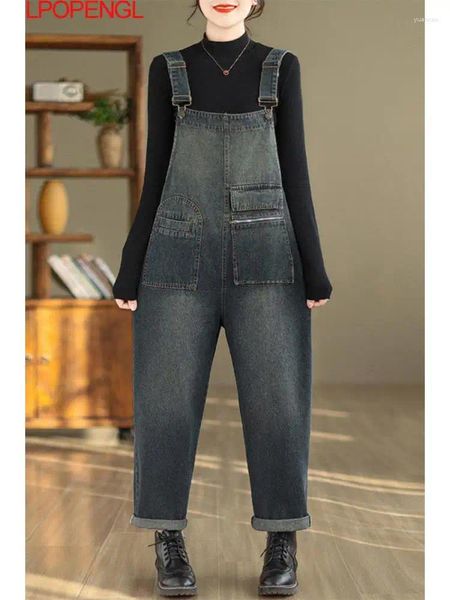 Kadın Kot Moda Kadın Sonbahar ve Kış Denim Sırıştırıcılar Tulum Tulumları Gevşek Sokak Giyim Büyük Boy Cepleri Düz Boy Pantolonlar