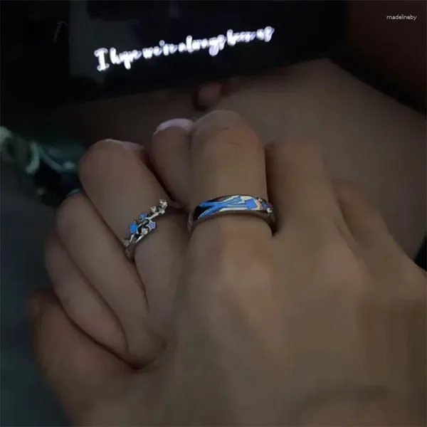 Cluster Ringe Mode Blau Leuchtende Stern Paar Ring Glow In Dark Fluoreszierende Zirkon Frauen Männer Einstellbare Finger Schmuck Geschenke