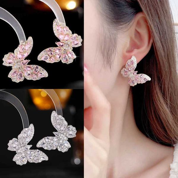 Stud Nuovo e squisito design a farfalla in rame squisito orecchini con zirconi rosa intarsiati eleganti gioielli per feste di nozze Q240402
