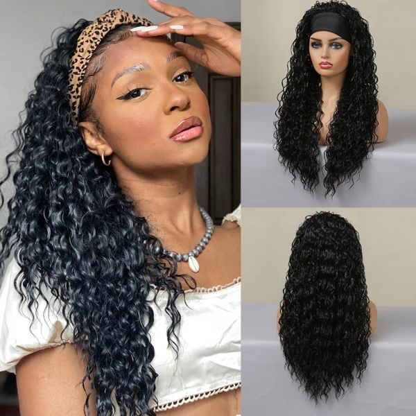 Perucas bandeira encaracolada perucas sintéticas Black Long Women Wig Wig Deep Water Wave Hair Natural para Mulheres Negras Cabelos Falsos