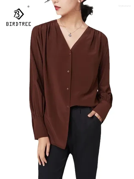 Blusas femininas birdtree amoreira seda camisa de manga longa commuter crepe de chine 2024 moda blusa com decote em v t37651qc