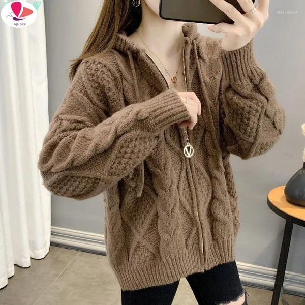 Damenstrick APIPEE Frauen Herbst Winter Oversize Strickjacke Casual 2024 Kapuze Twist Pullover Reißverschluss Langarm Häkeloberbekleidung