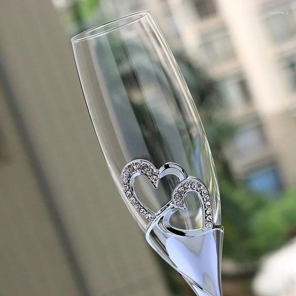 Weingläser, 1 Paar, rund, echt glänzend, versilbert, Champagnergläser mit doppeltem Herzglas für Hochzeiten oder Partys/Liebhaber