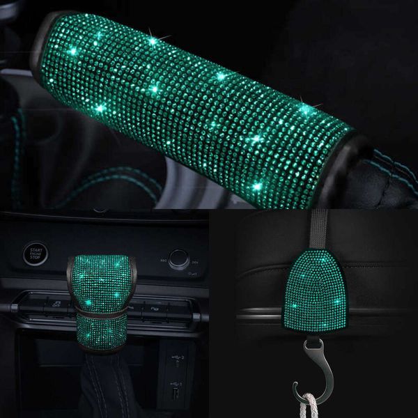 Atualizar verde couro do plutônio conjunto de capa de volante do carro diamante rosa auto capas de roda casos para senhora meninas acessórios do carro para mulher