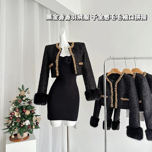 Damenjacken Langarm-Frauen-Tweed-Temperament-Kurzmantel Herbst-Winter-Mode-Nähte, gespleißte Pelzmanschetten, mit Baumwolle gefütterte Jacke