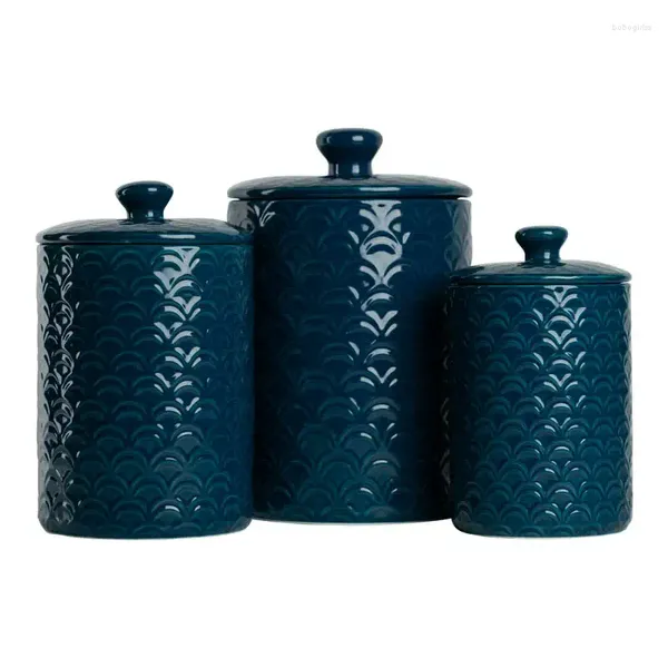 Bottiglie di stoccaggio Set di contenitori per alimenti in ceramica da 3 pezzi Blu navy 24 once 38 once 72 once Organizzatore da cucina Barattoli di vetro con coperchi S