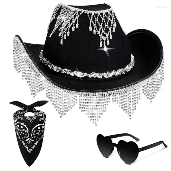 Berretti Carnevale Festa Cappello da cowboy per adulti con occhiali da sole a cuore Fazzoletto di anacardi Fedora occidentali da sposa Strumenti di geografia