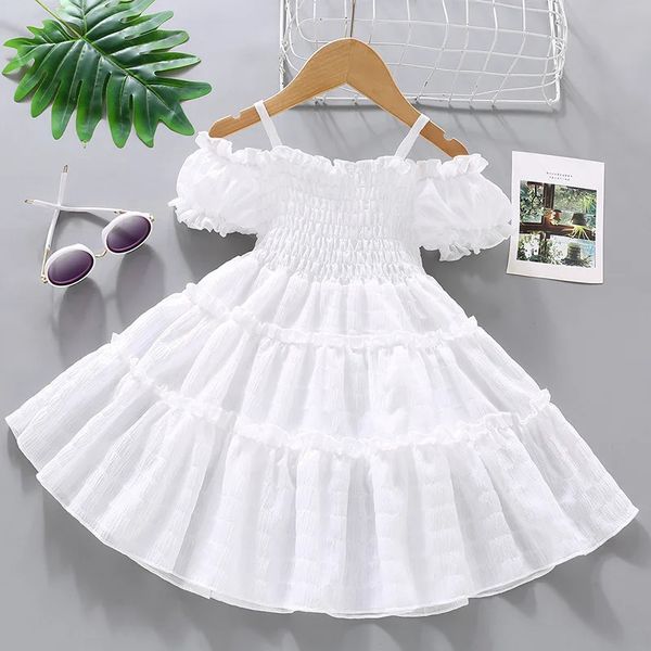 2024 novo verão meninas vestido estilo flor botão manga emendado bolo saia crianças 1-8 anos de idade moda princesa saia 240402