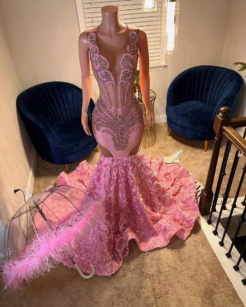 Ярко-розовые блестящие вечерние платья русалки для дня рождения для черной девушки, 2024, роскошная розовая юбка, прозрачное платье для выпускного вечера с кристаллами
