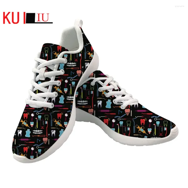 Scarpe casual KUILIU Maglia leggera Divertente cartone animato 3D Dentista Sneakers da donna Calzature piatte stringate stampate alla moda da donna