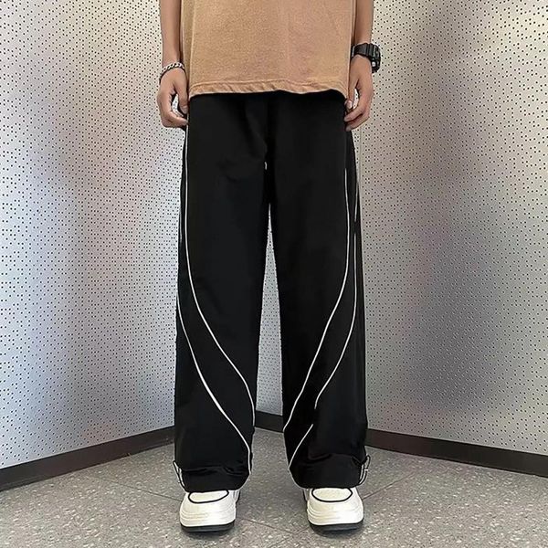 Calças masculinas y2k carga calça macacão dois linha branca preto harajuku moda casual solto homens reto perna larga streetwear