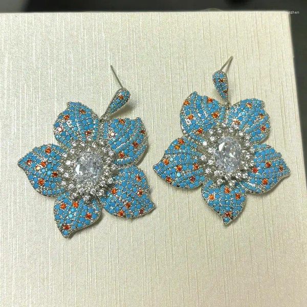 Brincos pendurados bilincolor moda elegante flor azul balançando brinco para mulheres joias de casamento