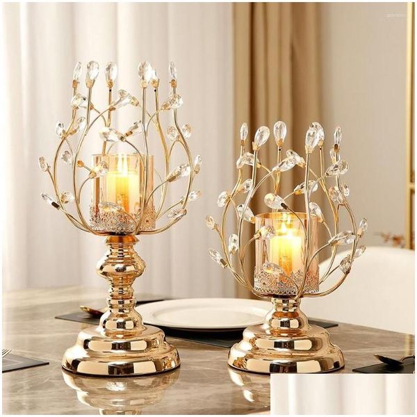 Titulares de vela Titular de vidro de cristal pós-moderno decoração de casa metal castiçal dourado mesa de escritório ornamentos decoração de luxo presente gota dhihn