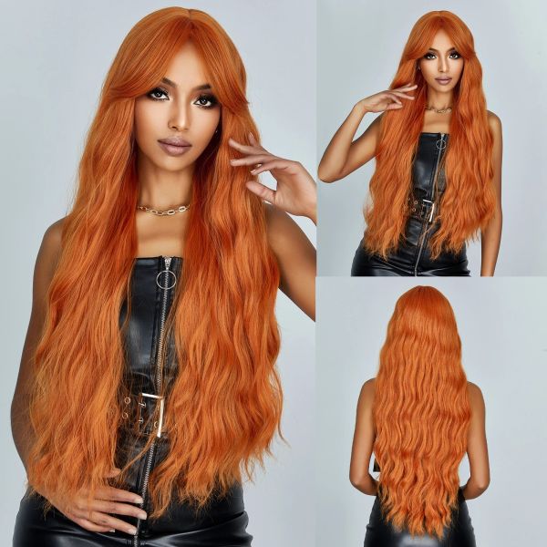 Perücken Orange Langes lockiges Cosplay -synthetische Perücken mit Pony Copper Ingwer Perücke für Frauen farbenfrohe Halloween Hair Party Hitzeresistent