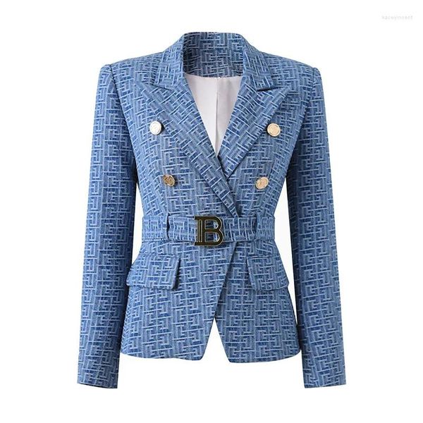 Damenanzüge Frühling Herbst Hochwertiger Blazer 2024 Denim-Stoff Jacquard in Jacken Damen Goldknopf Slim-Fit-Anzug Blau