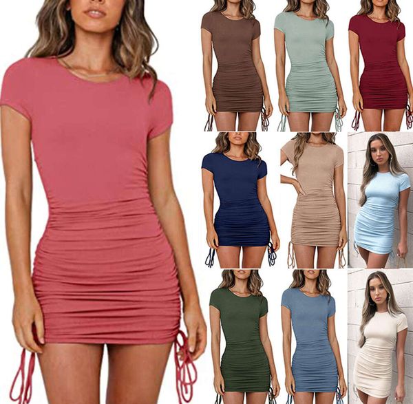 Baumwolle Geraffte Kordelzug Sexy Party Kleid Frauen Kurzarm Elastische Mini Kleider Vintage Bodycon Club Tragen Vestidos552