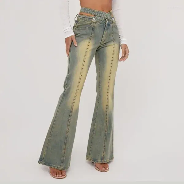Женские джинсы 2024, винтажные узкие расклешенные с низкой талией женские кислотные стирки, облегающие эластичные джинсовые брюки с вырезом, узкие брюки W932