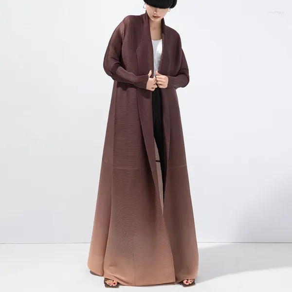 Женские тренчи Miyake, плиссированный отложной воротник, двубортный кардиган на пуговицах с длинными рукавами, женское платье 2024, Abaya, оригинальный дизайнер