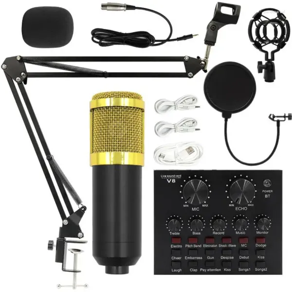 Mikrofonlar Profesyonel Kondenser Mikrofon Kitleri V8 Ses Kartı Karaoke Stand USB MIC Canlı Akış