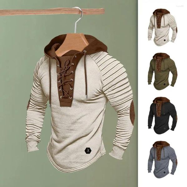 Erkek Hoodies Erkek Kapşonlu Sweatshirt Patchwork Hoodie Vintage Dantel-Up Drawstring Pilded Omuzlar Yumuşak Esnek Nefes Alabilir