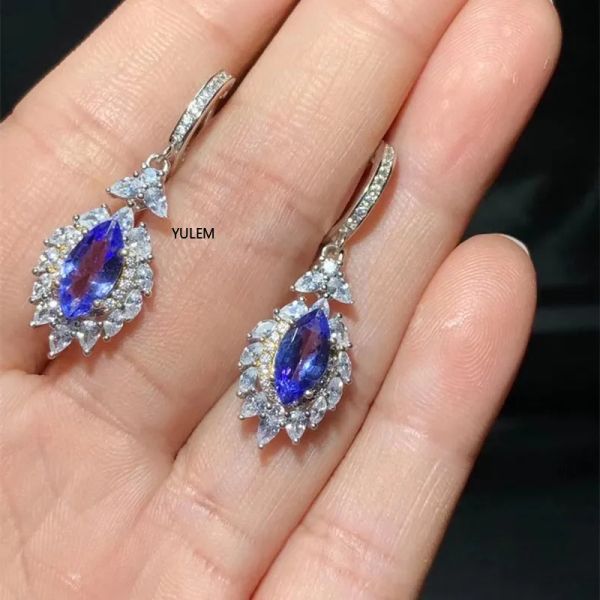 Brincos Jóias de joias Silver Tanzanite Brincos 5mm*10mm Brincos de prata de tanzanita naturais para a festa 925 jóias de tanzanita de prata