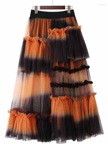 Юбки Y2K, готическая юбка с нерегулярной складкой, марлевая градиентная трапециевидная повседневная сетчатая длинная женская юбка, лето 2024, корейский японский стиль