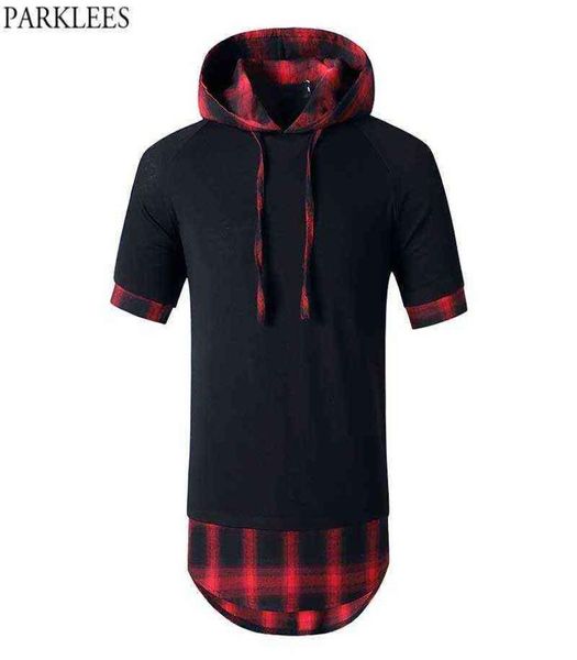 Maglietta scozzese rossa nera patchwork extra lunga con cappuccio maglietta da uomo hip hop manica corta maglietta casual homme casual harajuku streetwear tees G2924092