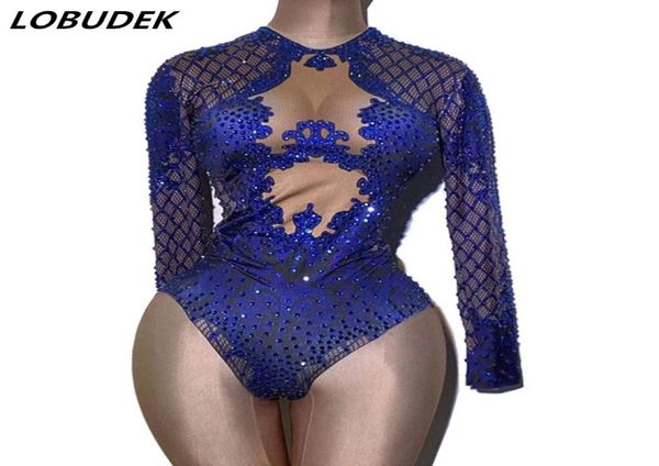 Vintage impresso azul rhines bodysuit manga longa magro desempenho acrobático collant sexy palco wear dançarino cantor bar boate dj pole dança traje6476900