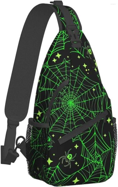 Mochila Neon Verde Crânios e Flores Sling Bag para Mulheres Homens Halloween Crossbody Sacos Ajustáveis ​​Casuais Daypacks Caminhadas Viagem