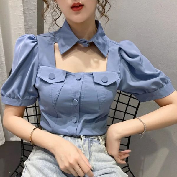Sexy halter blusa feminina verão curto moda camisa casual sólido senhora do escritório topos botões festa blusas com bolso 240402