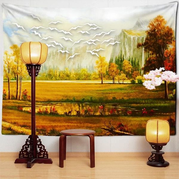 Tapeçarias bela paisagem moderna pintura a óleo tapeçaria parede pendurado arte boho estética sala tv fundo decoração