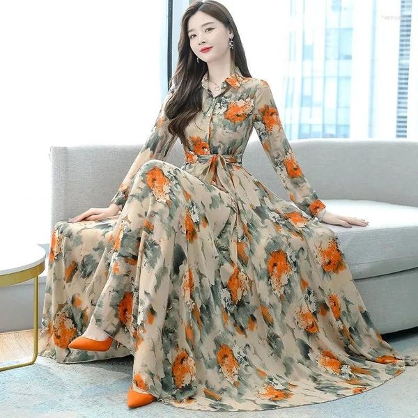 Casual Kleider 2024 Frühling Langarm Strand Maxi Kleid Koreanische Mode Chiffon Elegante Blaue Tuniken Floral Abend Für Frauen