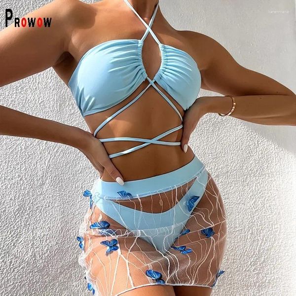 Costumi da bagno da donna Prowow Abiti da spiaggia sexy da donna Bikini blu estivi Set Gonna a rete con stampa a farfalla Abiti da bagno in tre pezzi Lady Bathing