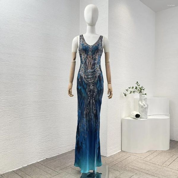 Lässige Kleider 2024 Sommer Frauen Vintage Marineblau Pfauendruck ärmellose Diamanten gepresste Weste Seitenschlitz Seide Maxikleid