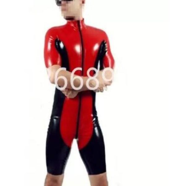 Catsuit-Kostüme aus PVC-Kunstleder, Rot mit schwarz glänzenden Catsuit-Strumpfhosen, Zentai-Badeanzug, 3-Wege-Reißverschluss vorne bis zum Arsch2378103