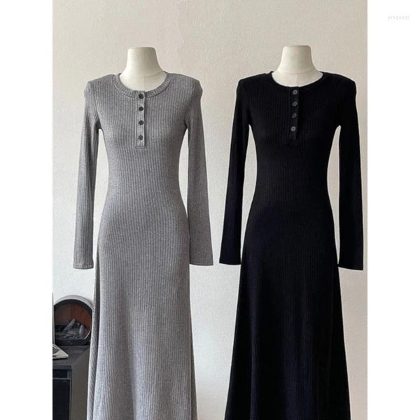 Freizeitkleider Koreanischer Stil Schickes Strickkleid für Damen, einfach, einfarbig, langärmelig, O-Ausschnitt, knöchellang, A-Linie, passend gestrickt