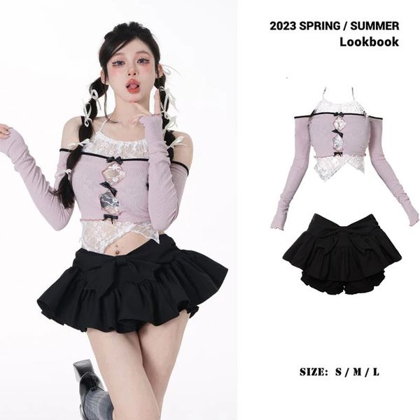 Coreano sexy menina verão conjunto de duas peças saia feminina vintage renda emenda manga longa colheita topo y2k casual vestido de festa terno 240329
