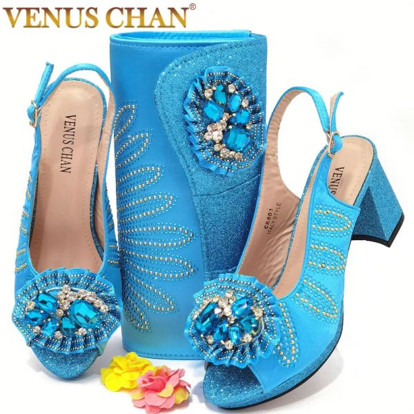 Hausschuhe Venus Chan 2023 neueste Mode Sky Blue Farbe Süßestil Party Hochzeit Damen Schuhe und Tasche mit Strass geschmückt