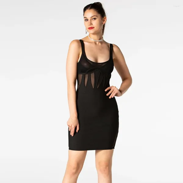 Lässige Kleider sexy Spaghetti -Gurtbandbandkleid Promi Sheer Short Rock Damen Sommer Mini Party Nacht Club Dinner Kleidung