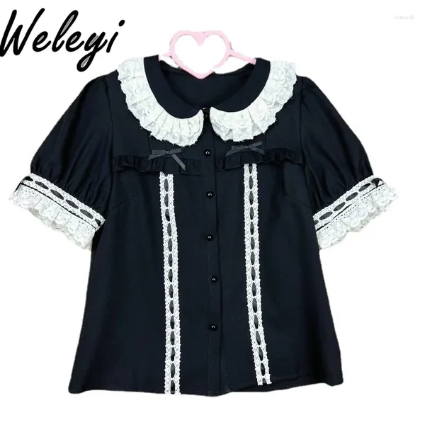 Blusas femininas lolita camisa roupas 2024 verão bonito tribunal estilo retro gola boneca interior doce renda solta manga curta topo