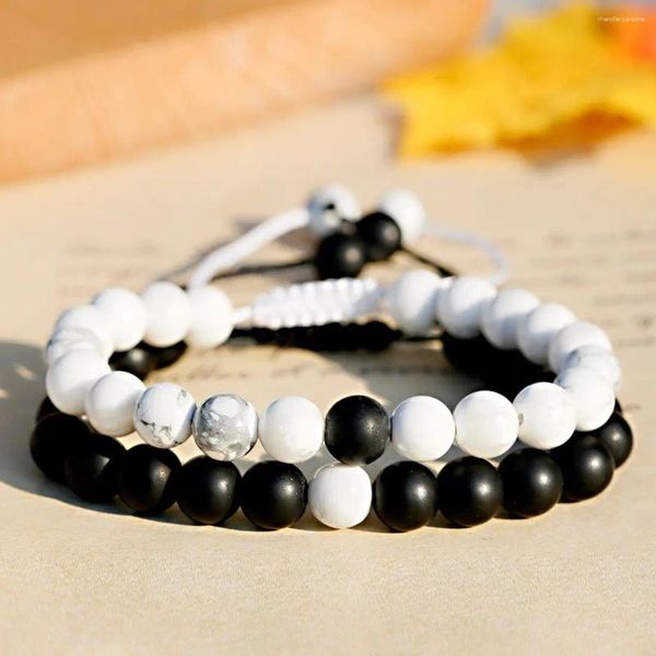 Filo regolabile 8 mm in bianco e nero Yin Yang braccialetto di perline pietra naturale coppie bracciali a distanza braccialetti donna uomo gioielli regalo